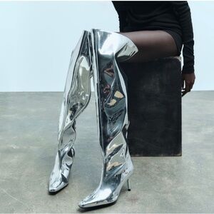 Zara silver zipper patent above the knee boots -wide caft Sz 6